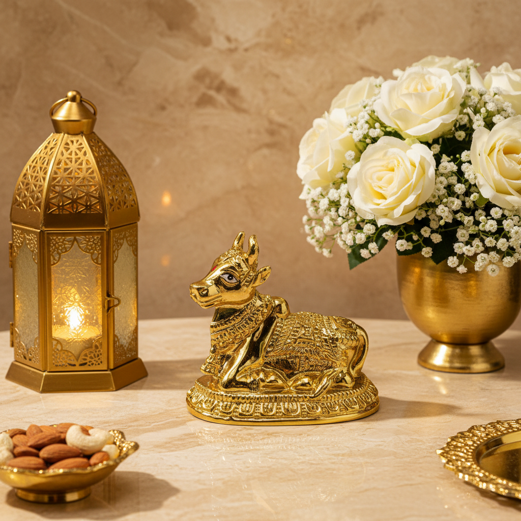 Divaura Sacred Brass Nandi Maharaj Idol for Pooja Room, Temple & Spiritual Gift Decorative Showpiece