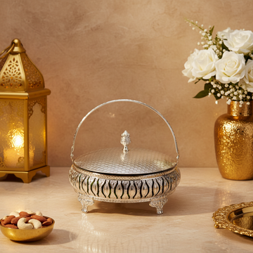 Luxury Silver Plated Dry Fruit Basket with Lid & Handle | Decorative Gift Hamper Basket | Wedding Return Gift | Premium Fruit Serving Basket | 17 cm