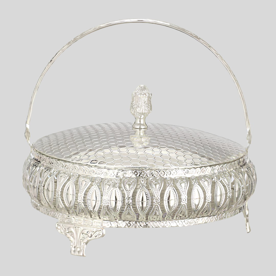 Luxury Silver Plated Dry Fruit Basket with Lid & Handle | Decorative Gift Hamper Basket | Wedding Return Gift | Premium Fruit Serving Basket | 17 cm