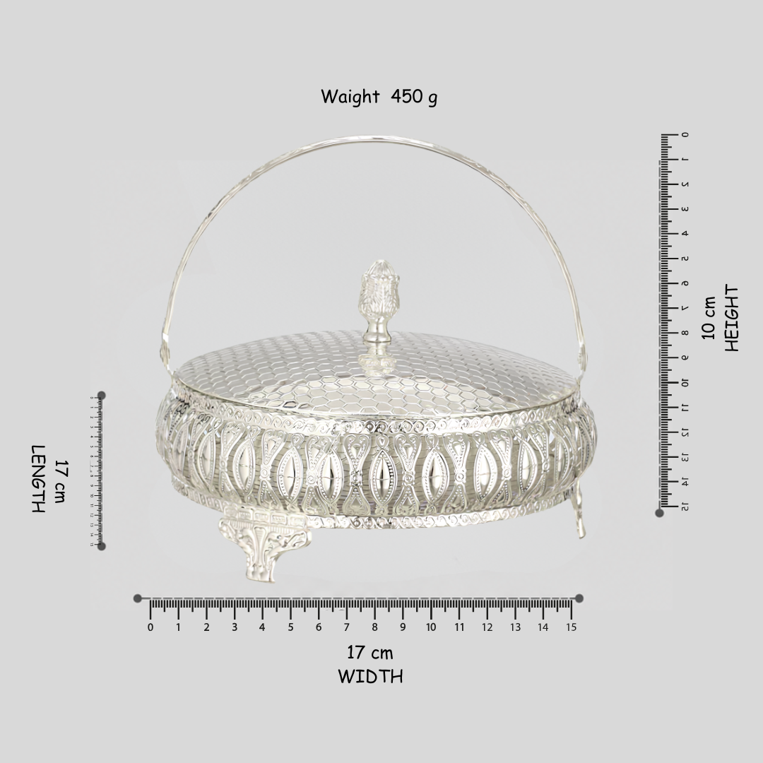 Luxury Silver Plated Dry Fruit Basket with Lid & Handle | Decorative Gift Hamper Basket | Wedding Return Gift | Premium Fruit Serving Basket | 17 cm