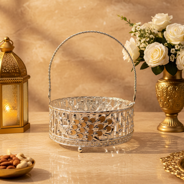 Silver Platted Peacock Handle Basket with Glass Bowl For Gifts / Home Decor