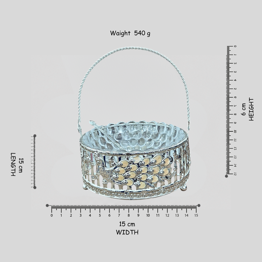 Silver Platted Peacock Handle Basket with Glass Bowl For Gifts / Home Decor