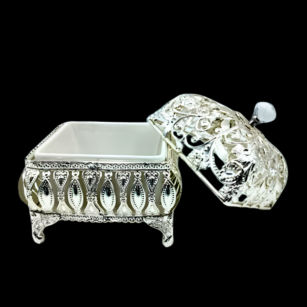 Luxury Silver Plated Decorative Storage Box with Ceramic Insert & Lid | Jewelry Box | Dry Fruit Box | Candy Container | Home Decor Gift
