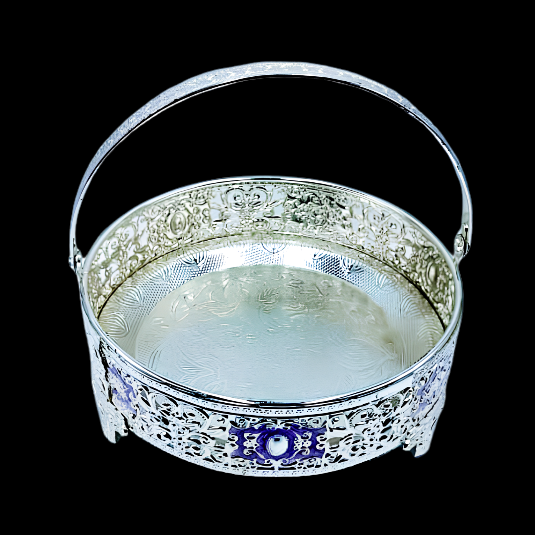 Luxury Silver Plated Round Fruit Basket with Handle | Decorative Dry Fruit Tray | Wedding Gift Basket | Centerpiece Home Decor