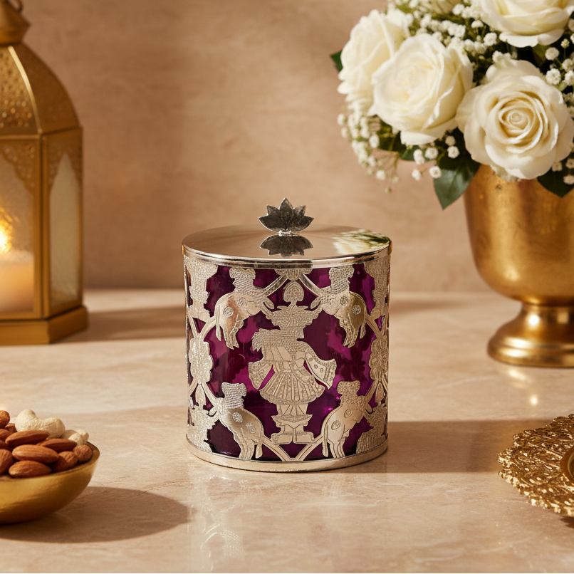 Silver Plated Decorative Storage Jar with Lid | Candy Jar | Dry Fruit Container | Coffee Tea Sugar Canister | Purple Home Decor