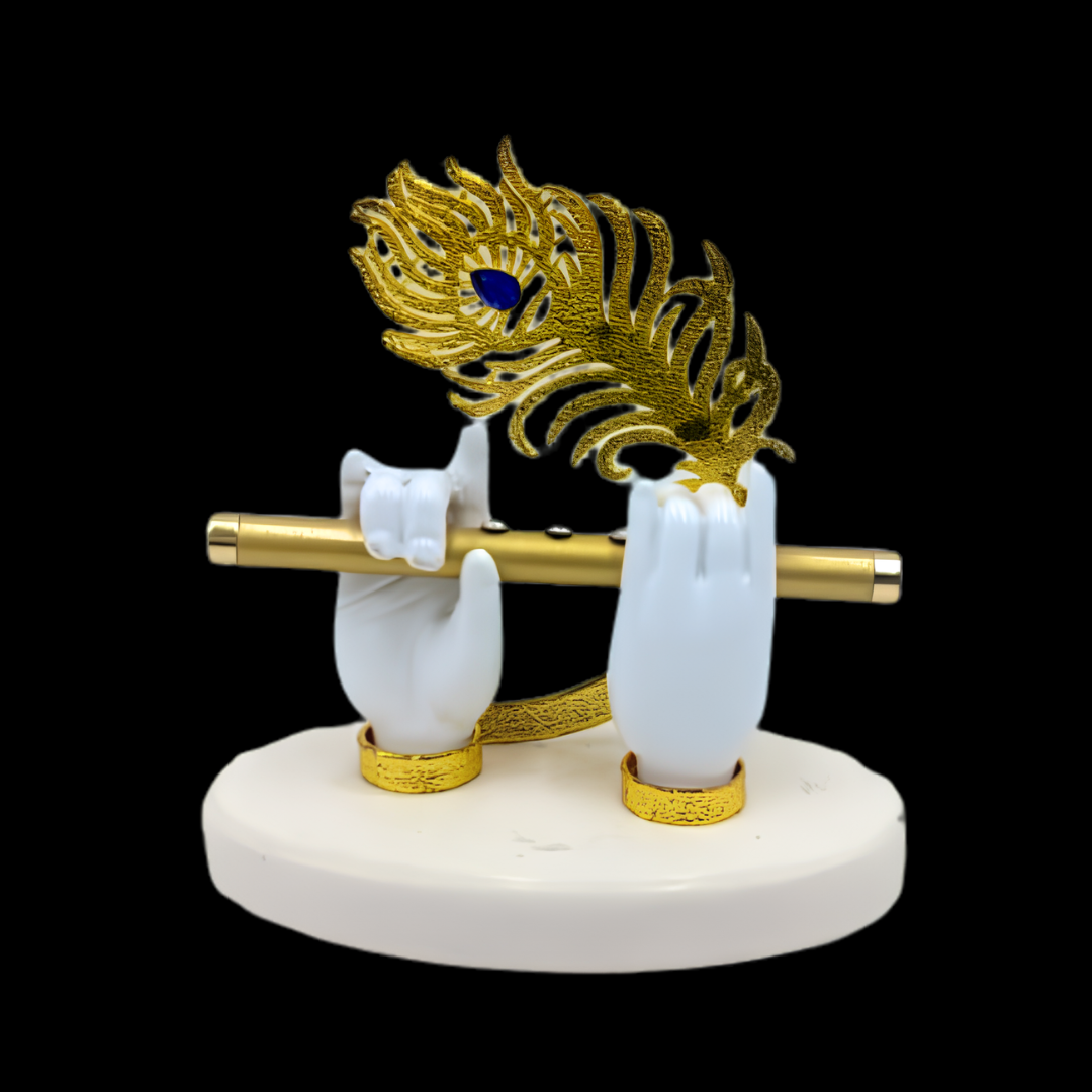 Gold Platted Lord Krishna Hands with Flute Idol | Krishnaji Divine Hands Idol with Flute and Peacock Feather for Car Dashboard & Housewarming Gift
