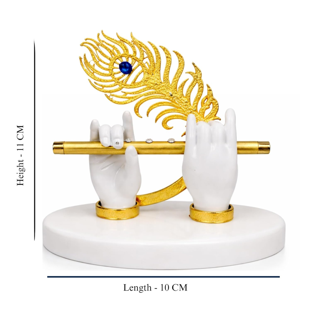 Gold Platted Lord Krishna Hands with Flute Idol | Krishnaji Divine Hands Idol with Flute and Peacock Feather for Car Dashboard & Housewarming Gift