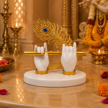 Gold Platted Lord Krishna Hands with Flute Idol | Krishnaji Divine Hands Idol with Flute and Peacock Feather for Car Dashboard & Housewarming Gift
