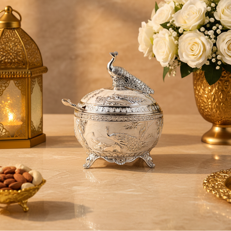 Silver Peacock Decorative Storage Box with Lid, Luxury Dry Fruit Box, Jewelry Organizer, Candy Box, Silver Plated Trinket Box, Wedding Gift