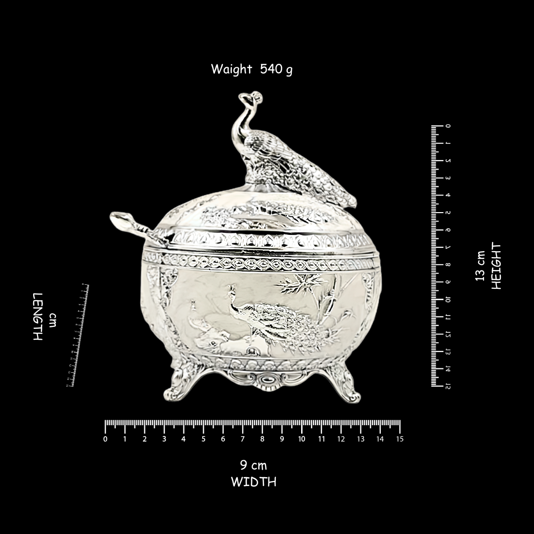 Silver Peacock Decorative Storage Box with Lid, Luxury Dry Fruit Box, Jewelry Organizer, Candy Box, Silver Plated Trinket Box, Wedding Gift