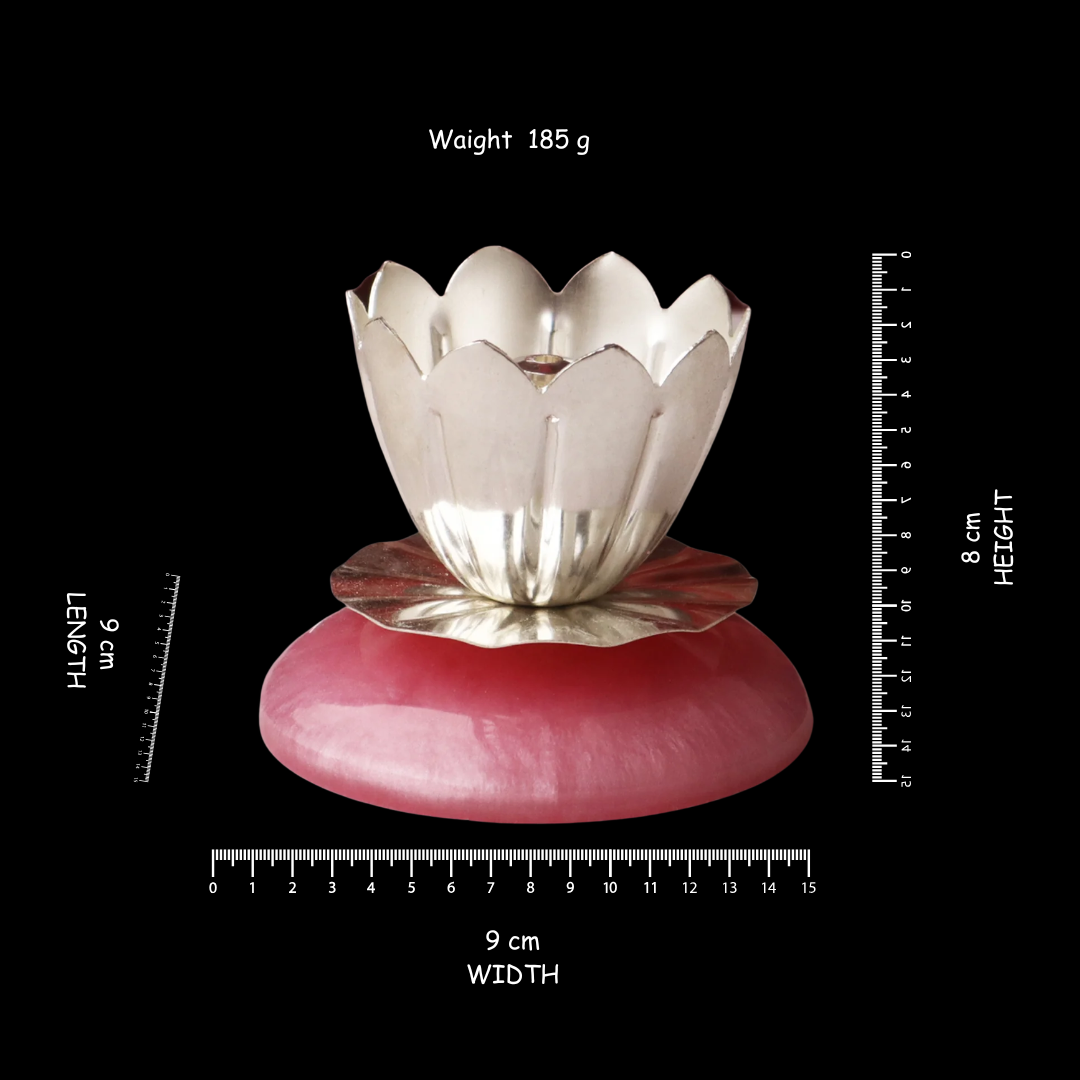 Lotus Light - Silver Platted Diya with Rose Quartz Base Pink Stone