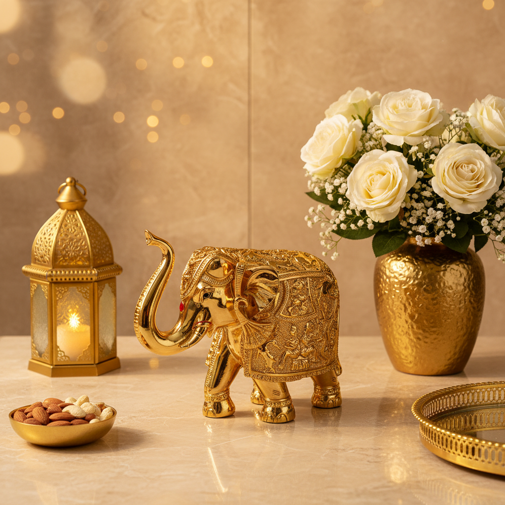 24 K Gold Plated Elephant Statues Ganesh Ji Desig. Small Size Super Elegant Decorative Vaastu Showpiece Home Decor