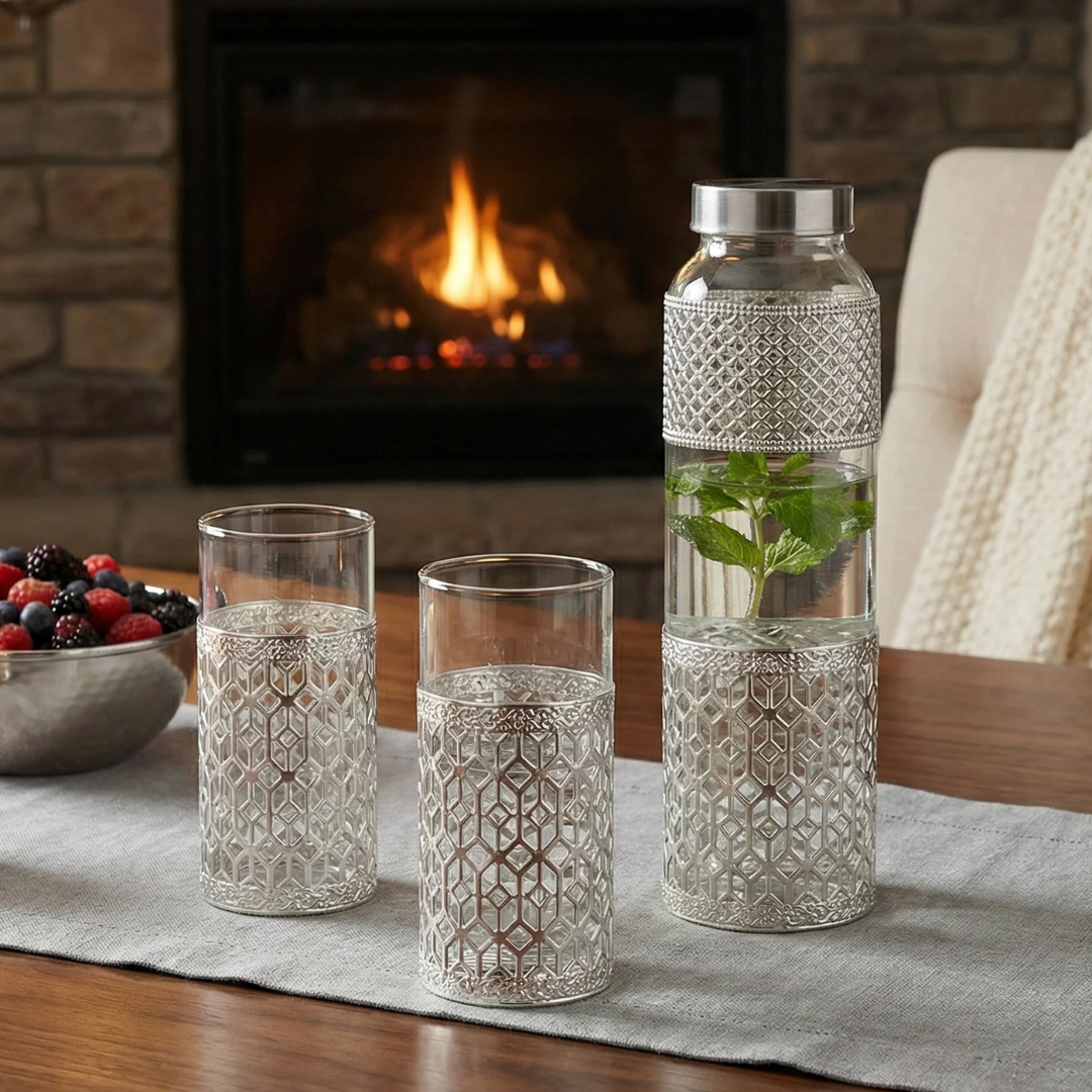 1 Water Bottle with 2 Luxury Tumblers Glass with Velvet Box| Silver Metal Sleeve Design | Elegant Drinkware Set for Home, Dining & Office | Ideal Gift for & Diwali Festivals