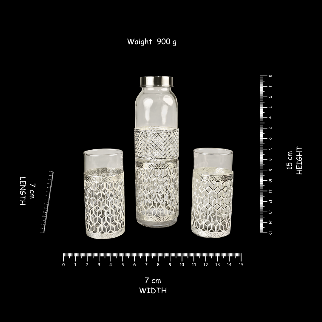 1 Water Bottle with 2 Luxury Tumblers Glass with Velvet Box| Silver Metal Sleeve Design | Elegant Drinkware Set for Home, Dining & Office | Ideal Gift for & Diwali Festivals