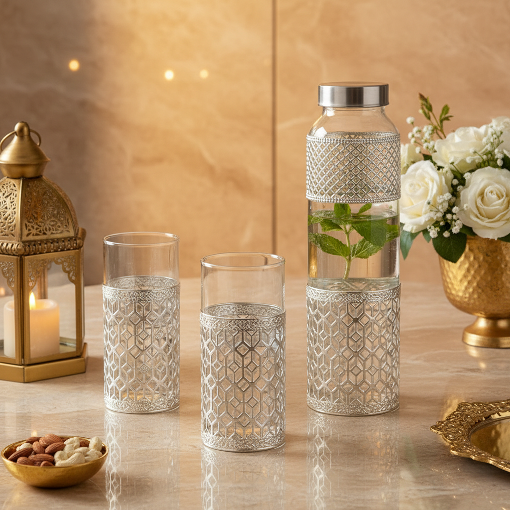 1 Water Bottle with 2 Luxury Tumblers Glass with Velvet Box| Silver Metal Sleeve Design | Elegant Drinkware Set for Home, Dining & Office | Ideal Gift for & Diwali Festivals