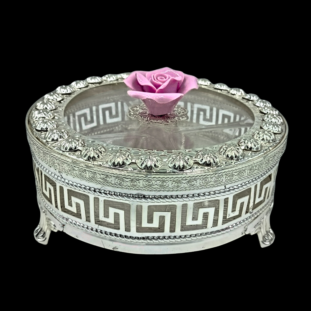 Round Silver Plated Dry Fruit Box with Pink Rose Accent | Decorative Dry Fruit & Candy Storage Box | Premium Wedding, Diwali & Housewarming Gift