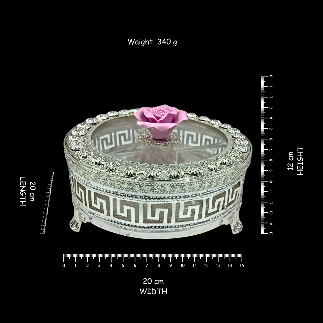 Round Silver Plated Dry Fruit Box with Pink Rose Accent | Decorative Dry Fruit & Candy Storage Box | Premium Wedding, Diwali & Housewarming Gift