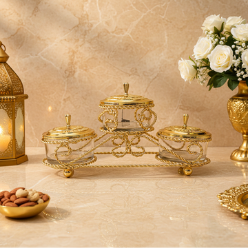 Luxury 3 Jar Dry Fruit Serving Set with Gold Stand | Premium Glass Candy & Snack Storage Bowls | Decorative Serving Tray | Wedding & Housewarming Gift | 30 × 10 × 22 cm | 1070 g