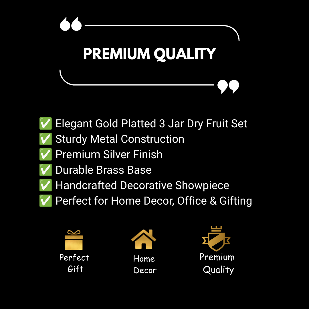 Luxury 3 Jar Dry Fruit Serving Set with Gold Stand | Premium Glass Candy & Snack Storage Bowls | Decorative Serving Tray | Wedding & Housewarming Gift | 30 × 10 × 22 cm | 1070 g