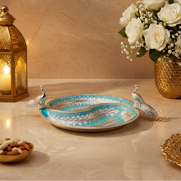 Luxury Silver Plated Peacock Dry Fruit Serving Tray | Decorative 2 Section Snack Platter | Candy, Nuts & Mukhwas Serving Dish | Wedding & Housewarming Gift | 25 × 25 × 8 cm | 400 g