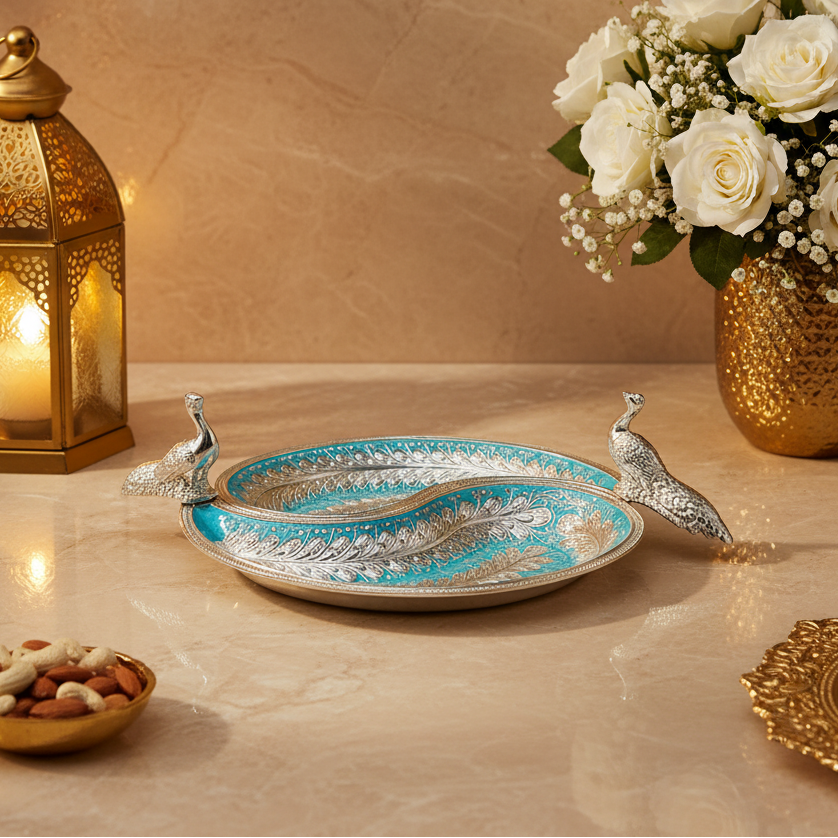 Luxury Silver Plated Peacock Dry Fruit Serving Tray | Decorative 2 Section Snack Platter | Candy, Nuts & Mukhwas Serving Dish | Wedding & Housewarming Gift | 25 × 25 × 8 cm | 400 g