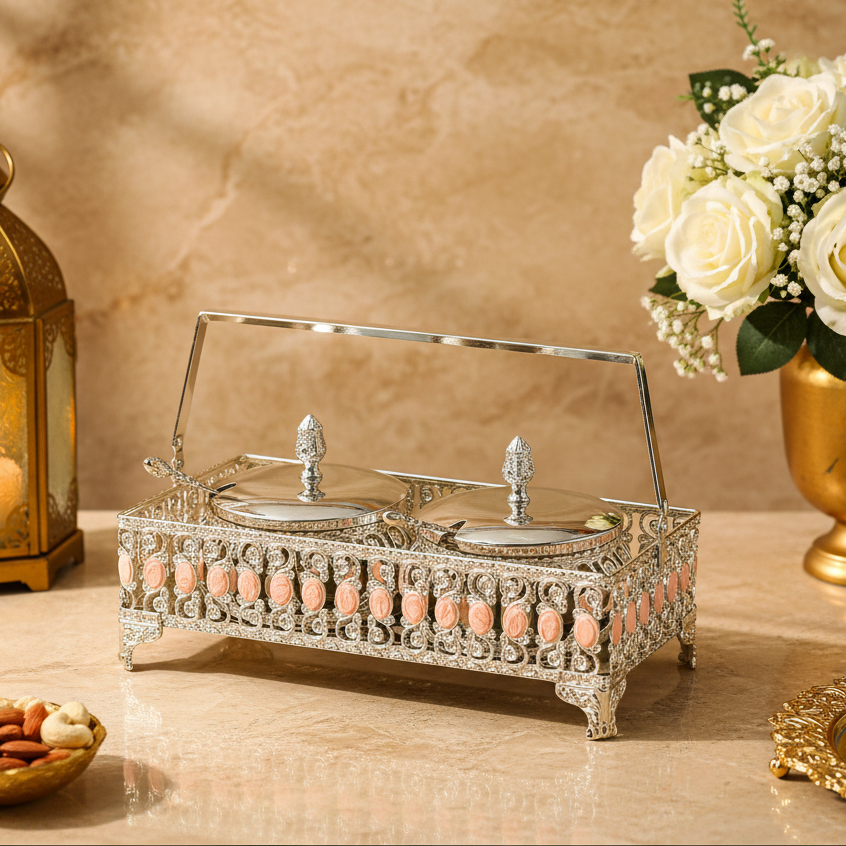 Luxury Silver Plated Double Dry Fruit Serving Bowl Set with Handle | Decorative Candy & Mukhwas Container | Premium Gift for Wedding, Diwali & Home Décor | 24 x 13 x 5 cm