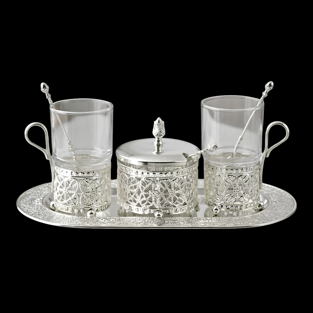 Sugar Pot with Tray 2 Glasses & 2 Spoon Tray Set