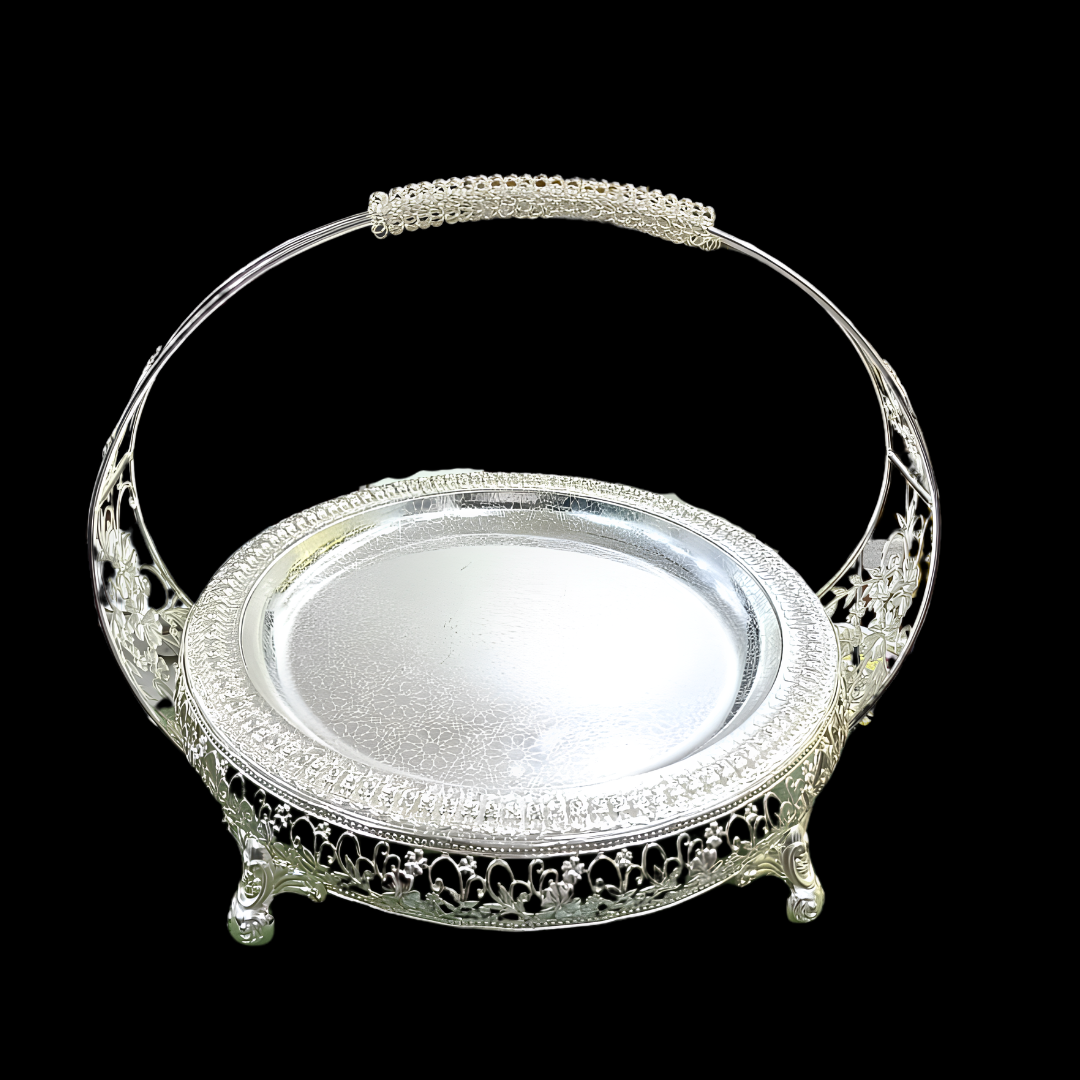 Luxury Silver Plated Round Serving Basket with Handle | Decorative Fruit Basket & Gift Hamper Tray | Premium Wedding, Housewarming & Festive Gift | 33 × 33 × 26 cm