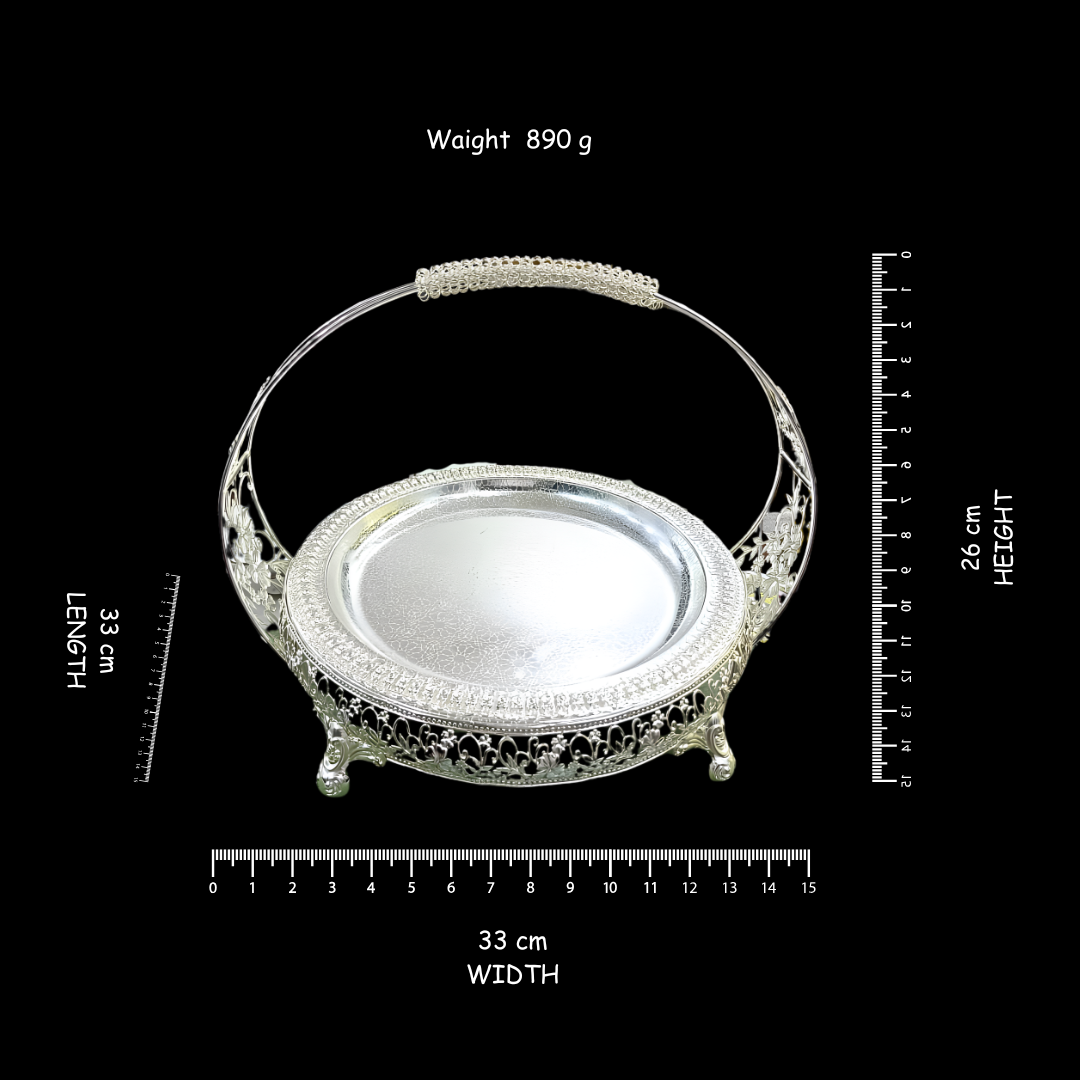 Luxury Silver Plated Round Serving Basket with Handle | Decorative Fruit Basket & Gift Hamper Tray | Premium Wedding, Housewarming & Festive Gift | 33 × 33 × 26 cm