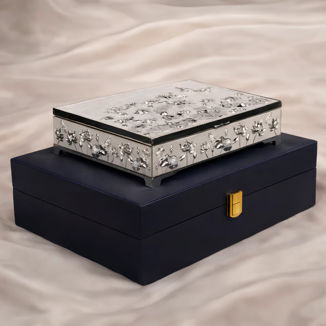 Luxury Silver Plated Dry Fruit Box with Lid | Lotus Floral Decorative Dry Fruit Storage Box | Premium Mithai, Chocolate & Gift Box | Wedding, Diwali & Housewarming Gift