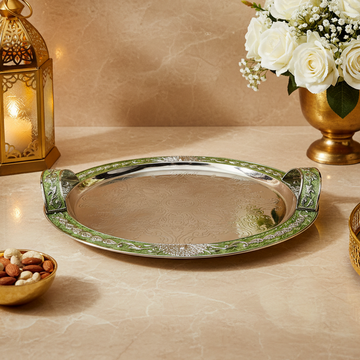 Luxury Silver Plated Round Serving Tray with Green Enamel Handles Premium Wedding, Housewarming & Festive Gift Tray