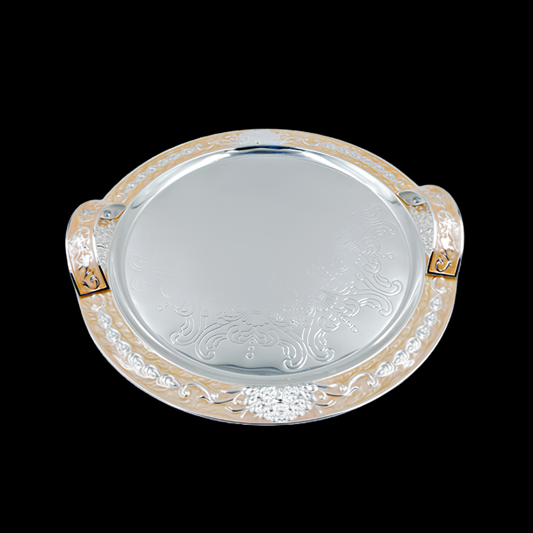 Luxury Silver Plated Round Serving Tray with Green Enamel Handles Premium Wedding, Housewarming & Festive Gift Tray