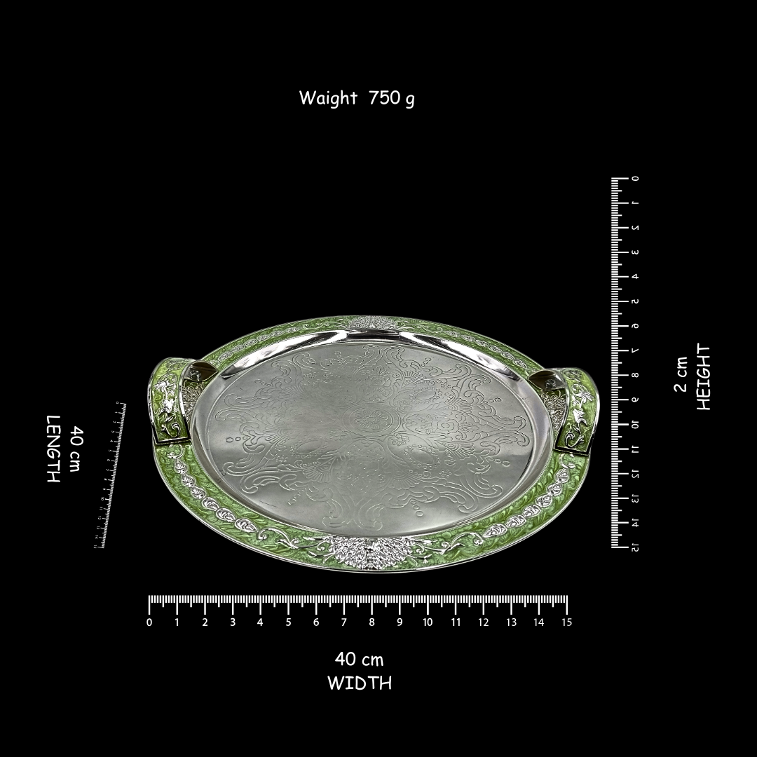 Luxury Silver Plated Round Serving Tray with Green Enamel Handles Premium Wedding, Housewarming & Festive Gift Tray