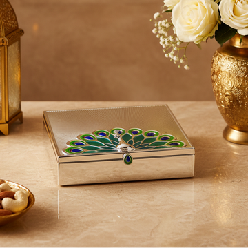 Peacock Dry Fruit Box Silver & Gold