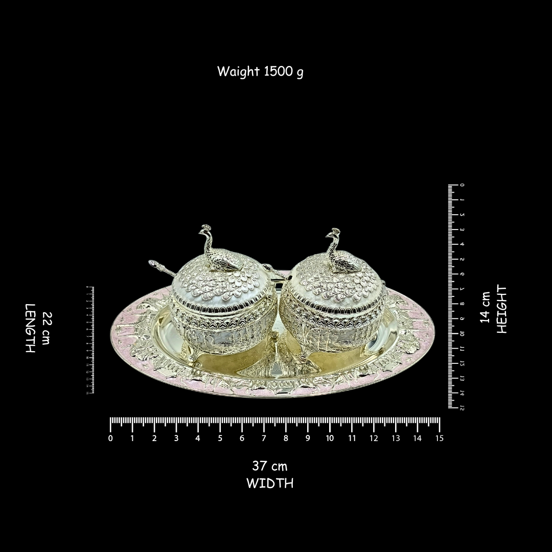 Silver Plated Peacock Dry Fruit Serving Bowl with Tray & Lids | Decorative Candy & Nut Container | Wedding, Diwali & Housewarming Gift | 37 × 22 × 14 cm