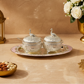 Silver Plated Peacock Dry Fruit Serving Bowl with Tray & Lids | Decorative Candy & Nut Container | Wedding, Diwali & Housewarming Gift | 37 × 22 × 14 cm