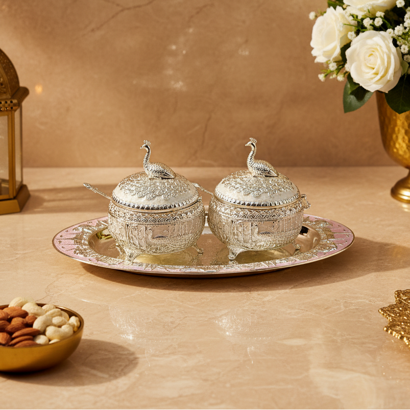 Silver Plated Peacock Dry Fruit Serving Bowl with Tray & Lids | Decorative Candy & Nut Container | Wedding, Diwali & Housewarming Gift | 37 × 22 × 14 cm