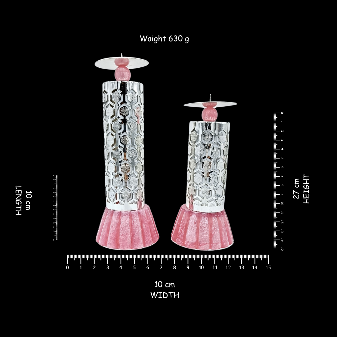 Set of 2 Luxury Silver Plated Candle Holders with Pink Marble Base