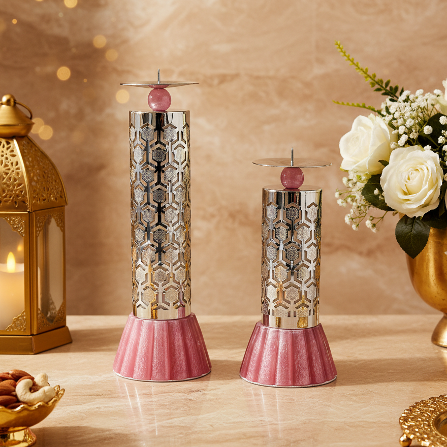 Set of 2 Luxury Silver Plated Candle Holders with Pink Marble Base