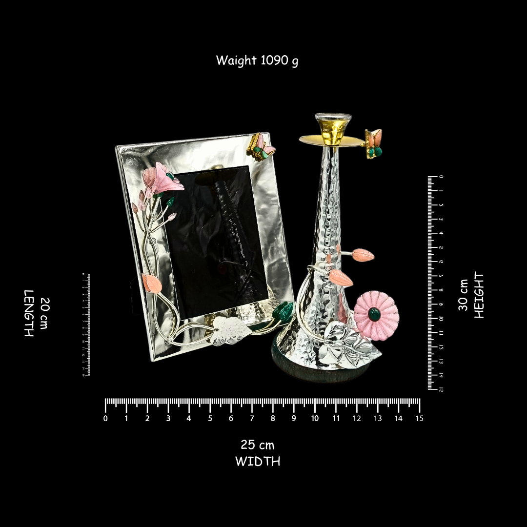 Luxury Silver Plated Photo Frame & Candle Holder Gift Set | 25 × 20 × 30 cm | 1090 g