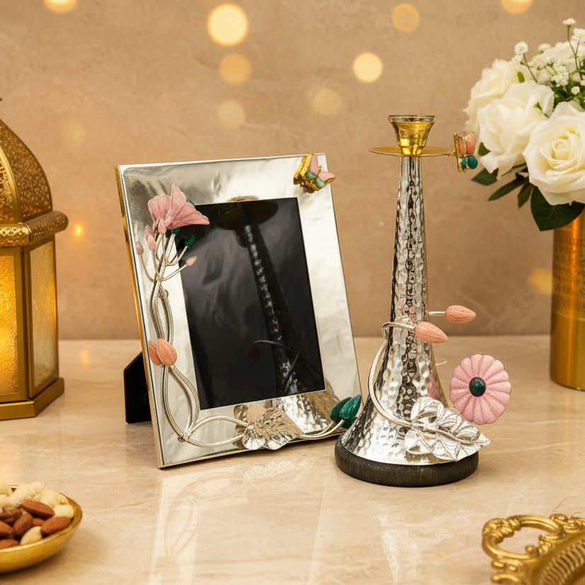 Luxury Silver Plated Photo Frame & Candle Holder Gift Set | 25 × 20 × 30 cm | 1090 g