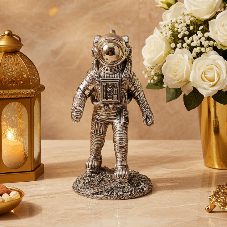 Silver Astronaut Statue | Modern Space Explorer Figurine | Luxury Home Office Desk Decor | Resin Sculpture | Gift for Space Lovers