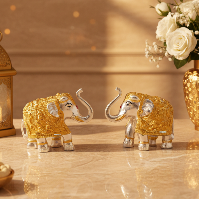 Pair of Gold & Silver Elephant Figurines | Lucky Elephant Statue Set | Luxury Home Decor | Vastu Feng Shui Gift | Office Desk Decor