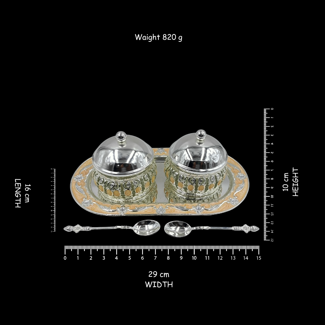 Silver Plated Mukhwas Set with Tray & Spoons | Double Mouth Freshener Serving Bowls | Dry Fruit Server | Wedding Gift