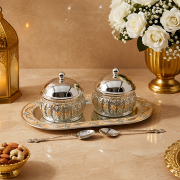 Silver Plated Mukhwas Set with Tray & Spoons | Double Mouth Freshener Serving Bowls | Dry Fruit Server | Wedding Gift