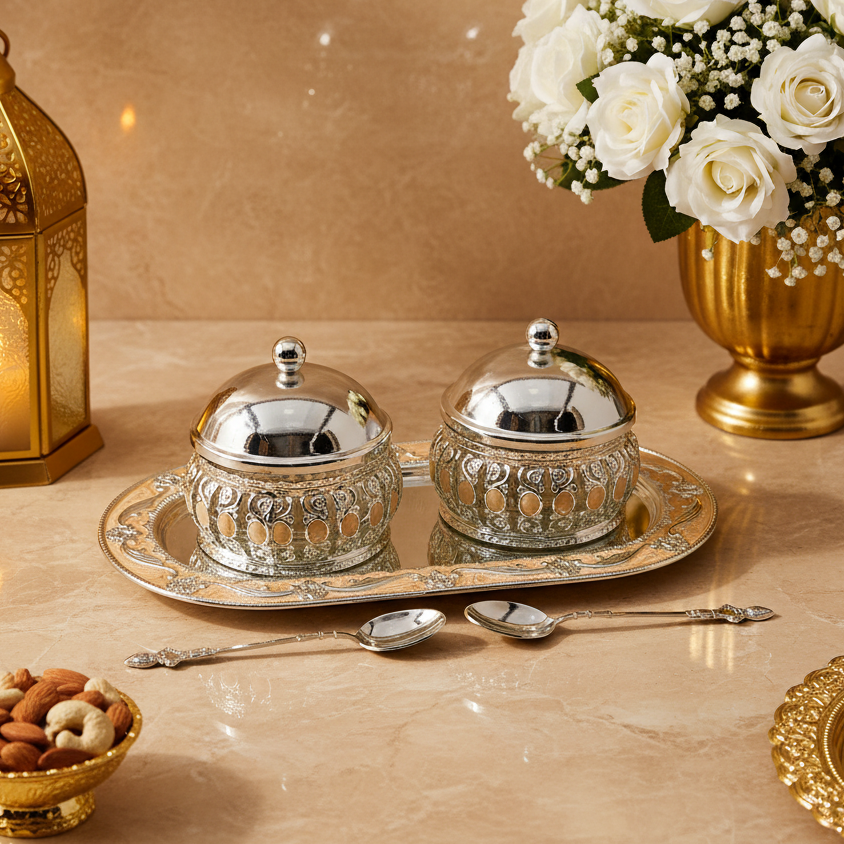 Silver Plated Mukhwas Set with Tray & Spoons | Double Mouth Freshener Serving Bowls | Dry Fruit Server | Wedding Gift