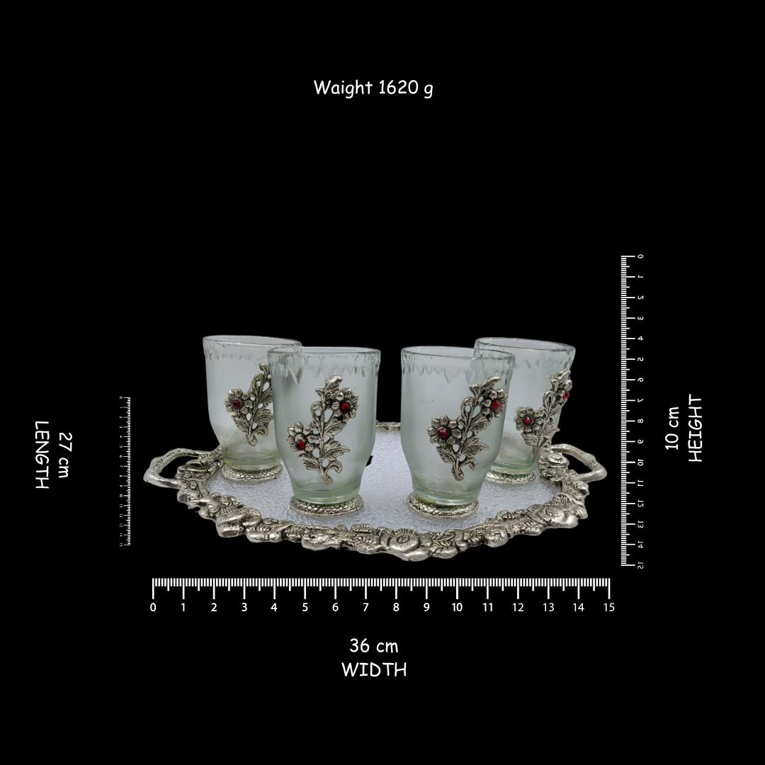 Silver Plated Glass Tea Cup Set with Decorative Serving Tray | 6 Designer Cups | Wedding Gift | Coffee Mug Set
