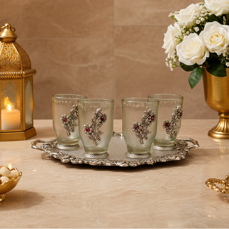 Silver Plated Glass Tea Cup Set with Decorative Serving Tray | 6 Designer Cups | Wedding Gift | Coffee Mug Set