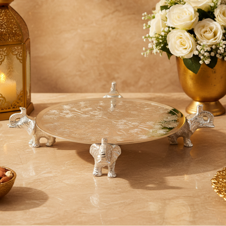 Silver Plated Elephant Serving Tray | Decorative Round Platter | Dry Fruit & Sweet Serving Plate | Wedding & Housewarming Gift