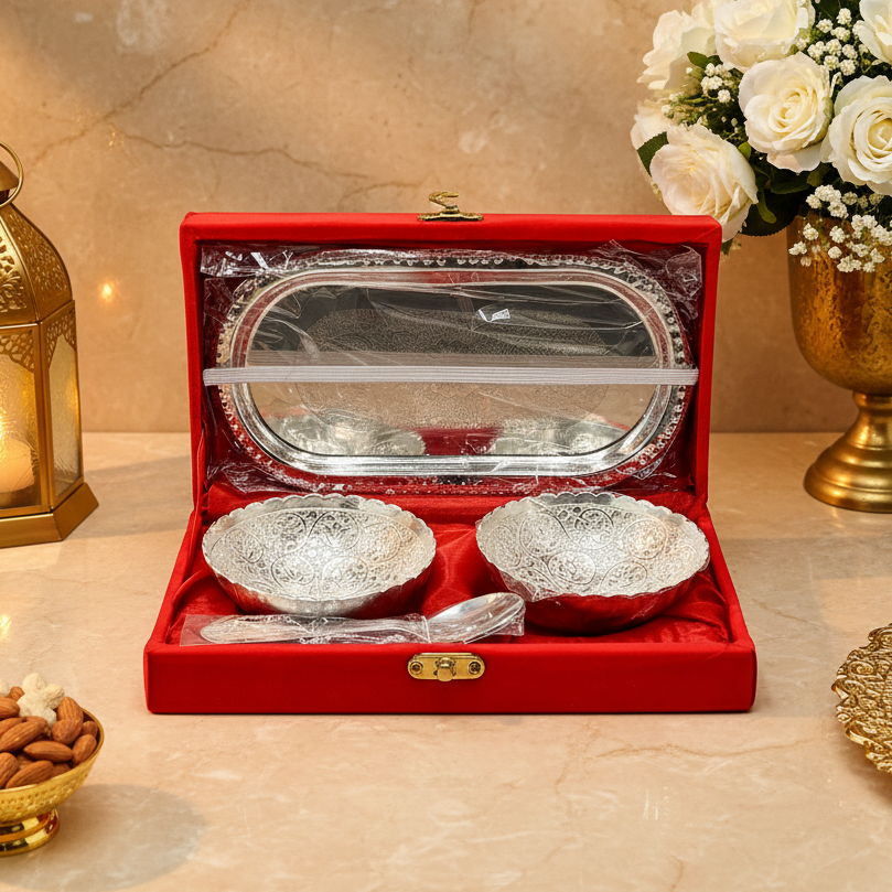 German Silver Bowl & Spoon Tray Set with Velvet Box (4 Inch)